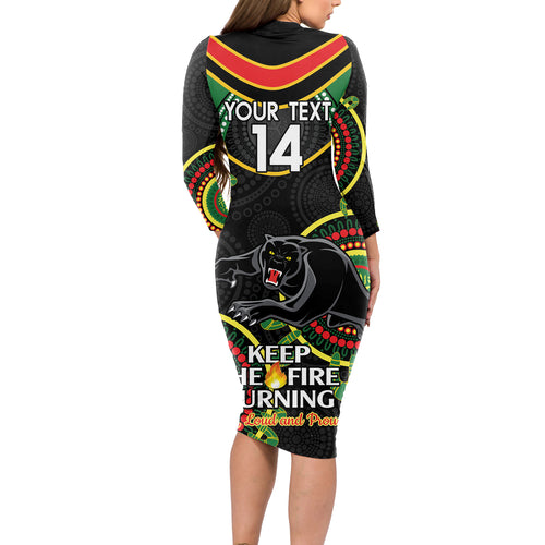 Custom NRL Panthers NAIDOC Week Long Sleeve Bodycon Dress Keep The Fire Burning Indigenous Art
