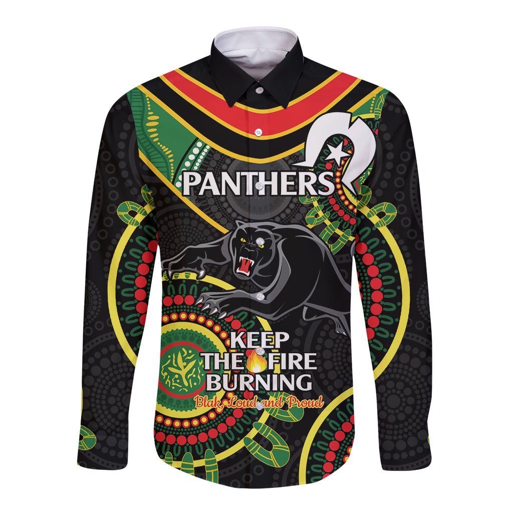 Custom NRL Panthers NAIDOC Week Long Sleeve Button Shirt Keep The Fire Burning Indigenous Art