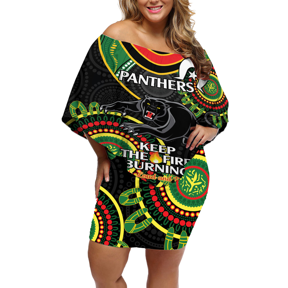 Custom NRL Panthers NAIDOC Week Off Shoulder Short Dress Keep The Fire Burning Indigenous Art
