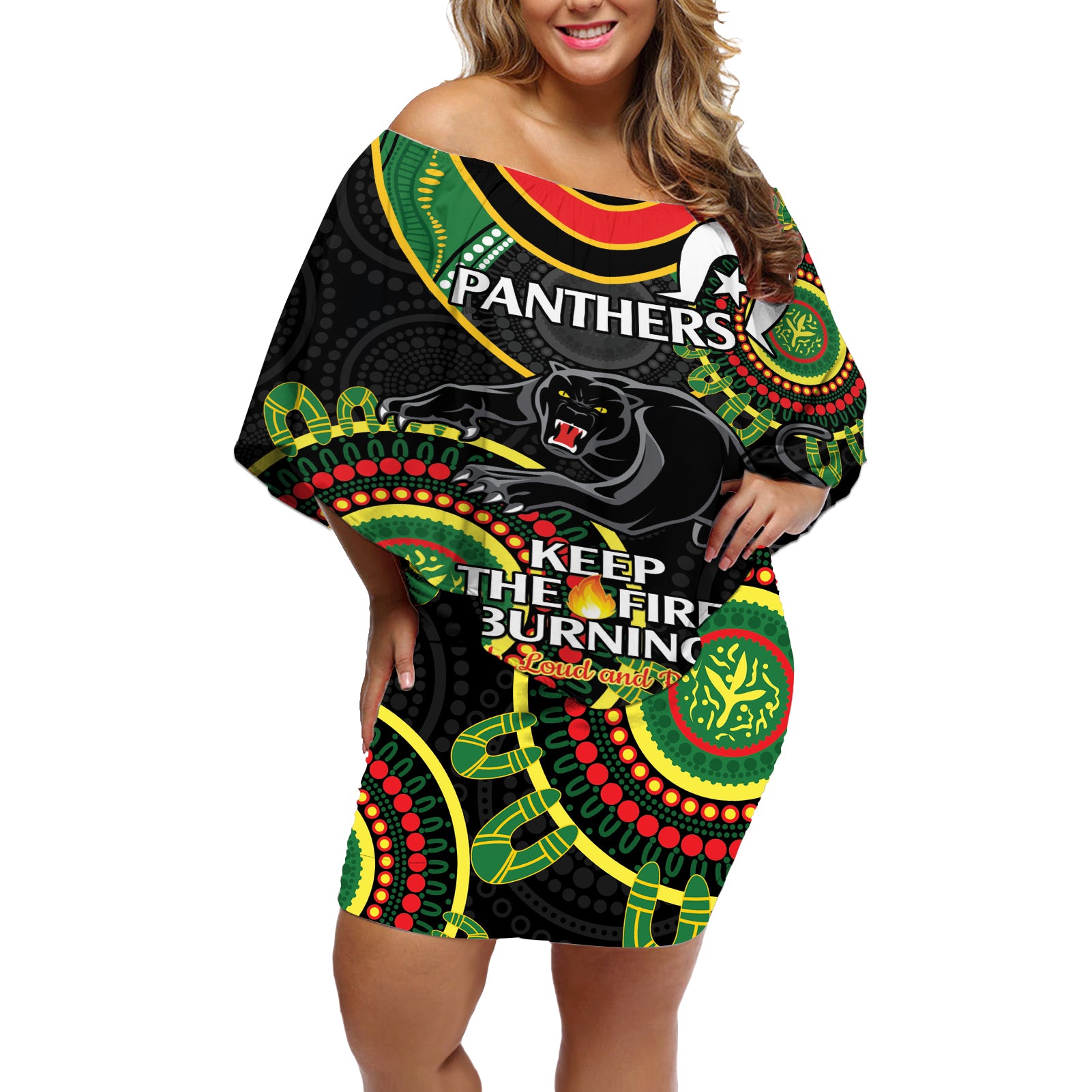 Custom NRL Panthers NAIDOC Week Off Shoulder Short Dress Keep The Fire Burning Indigenous Art