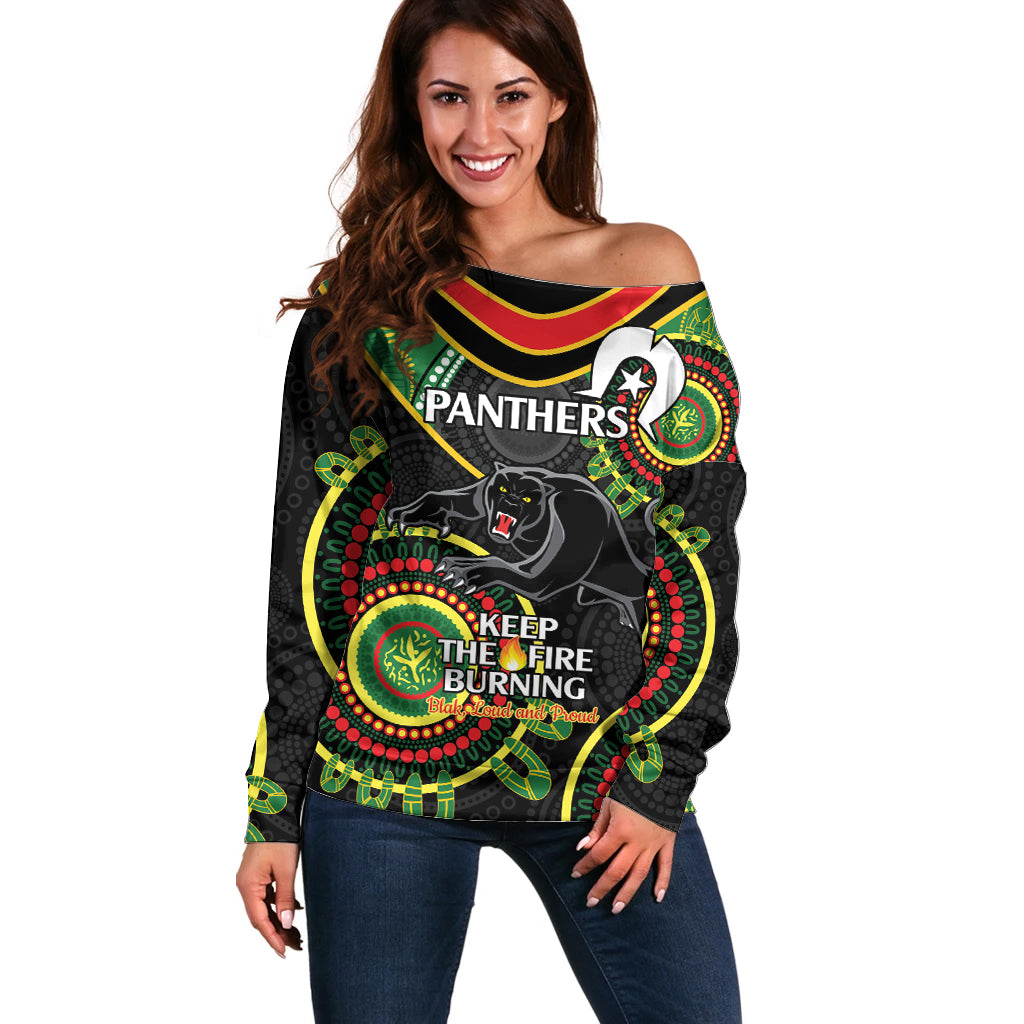 Custom NRL Panthers NAIDOC Week Off Shoulder Sweater Keep The Fire Burning Indigenous Art
