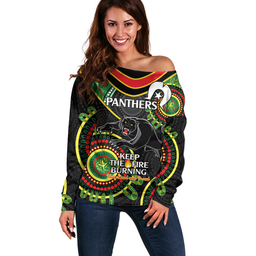 Custom NRL Panthers NAIDOC Week Off Shoulder Sweater Keep The Fire Burning Indigenous Art