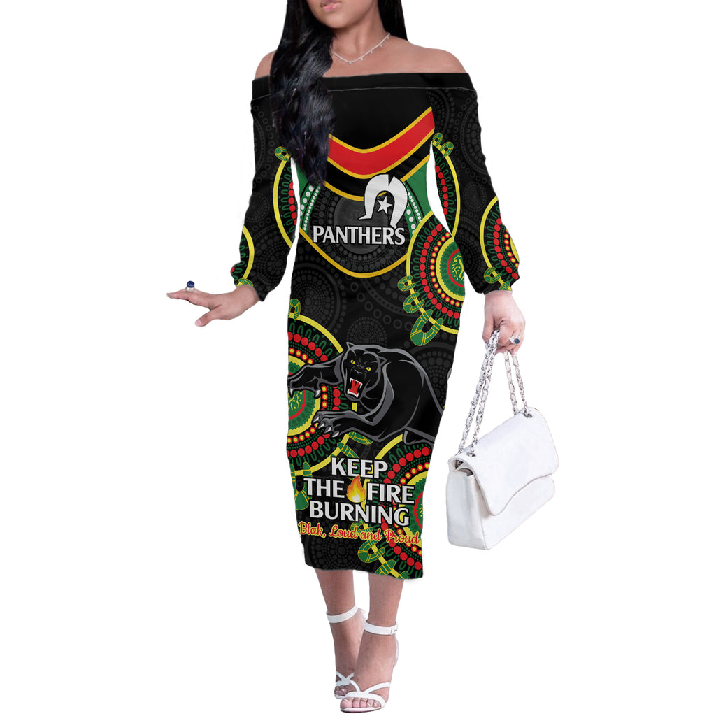 Custom NRL Panthers NAIDOC Week Off The Shoulder Long Sleeve Dress Keep The Fire Burning Indigenous Art