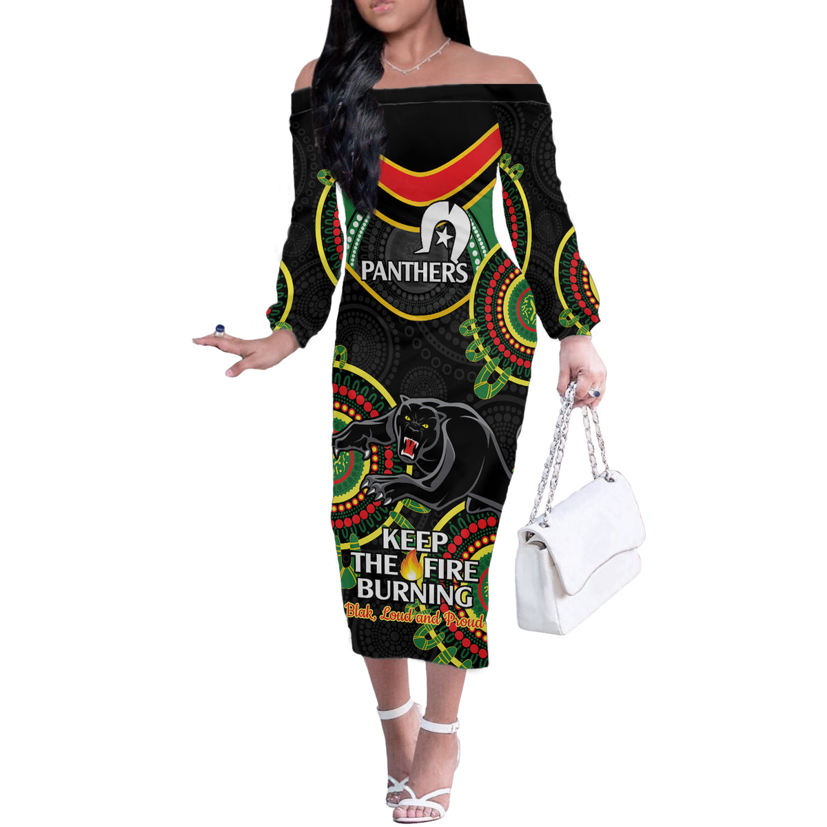 Custom NRL Panthers NAIDOC Week Off The Shoulder Long Sleeve Dress Keep The Fire Burning Indigenous Art