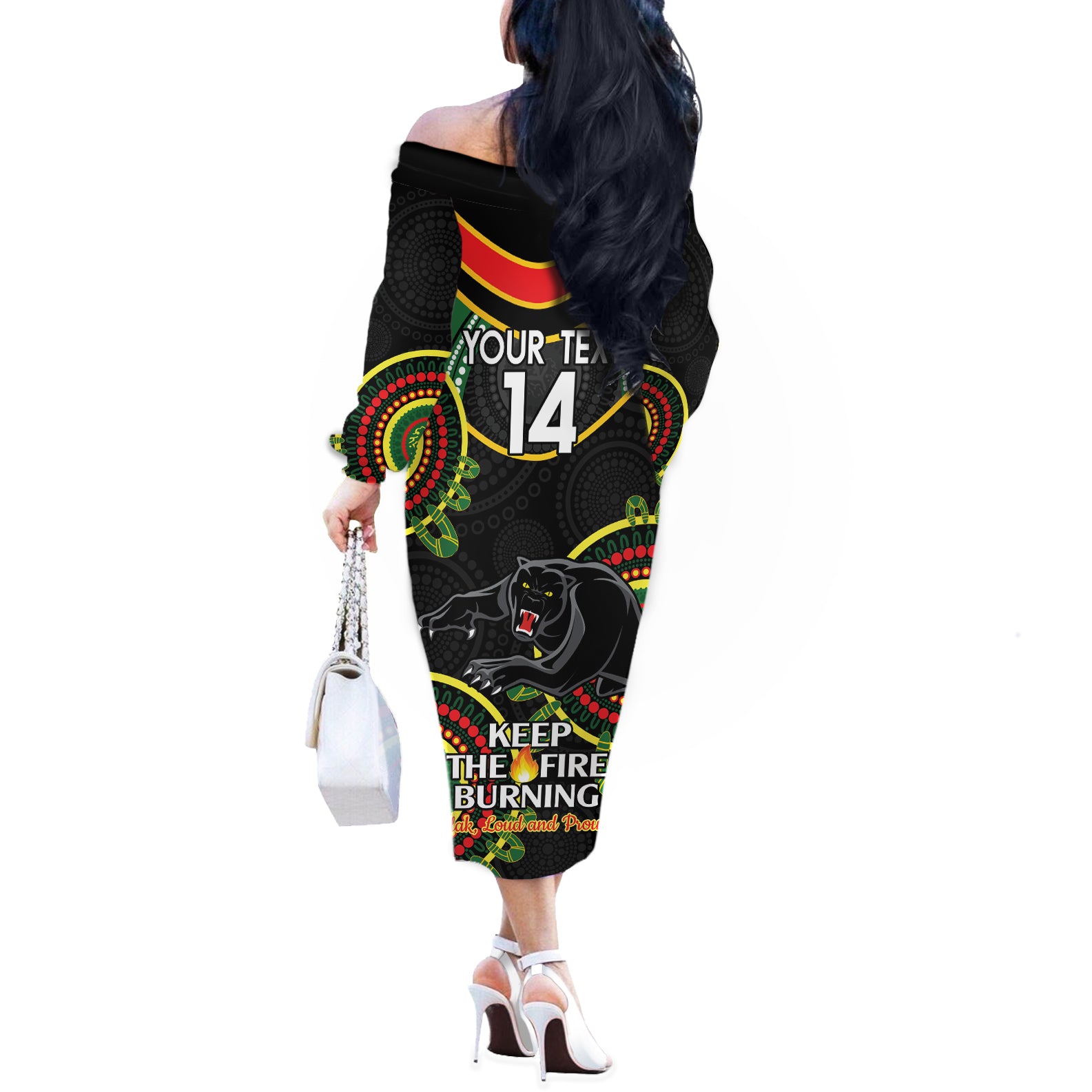 Custom NRL Panthers NAIDOC Week Off The Shoulder Long Sleeve Dress Keep The Fire Burning Indigenous Art