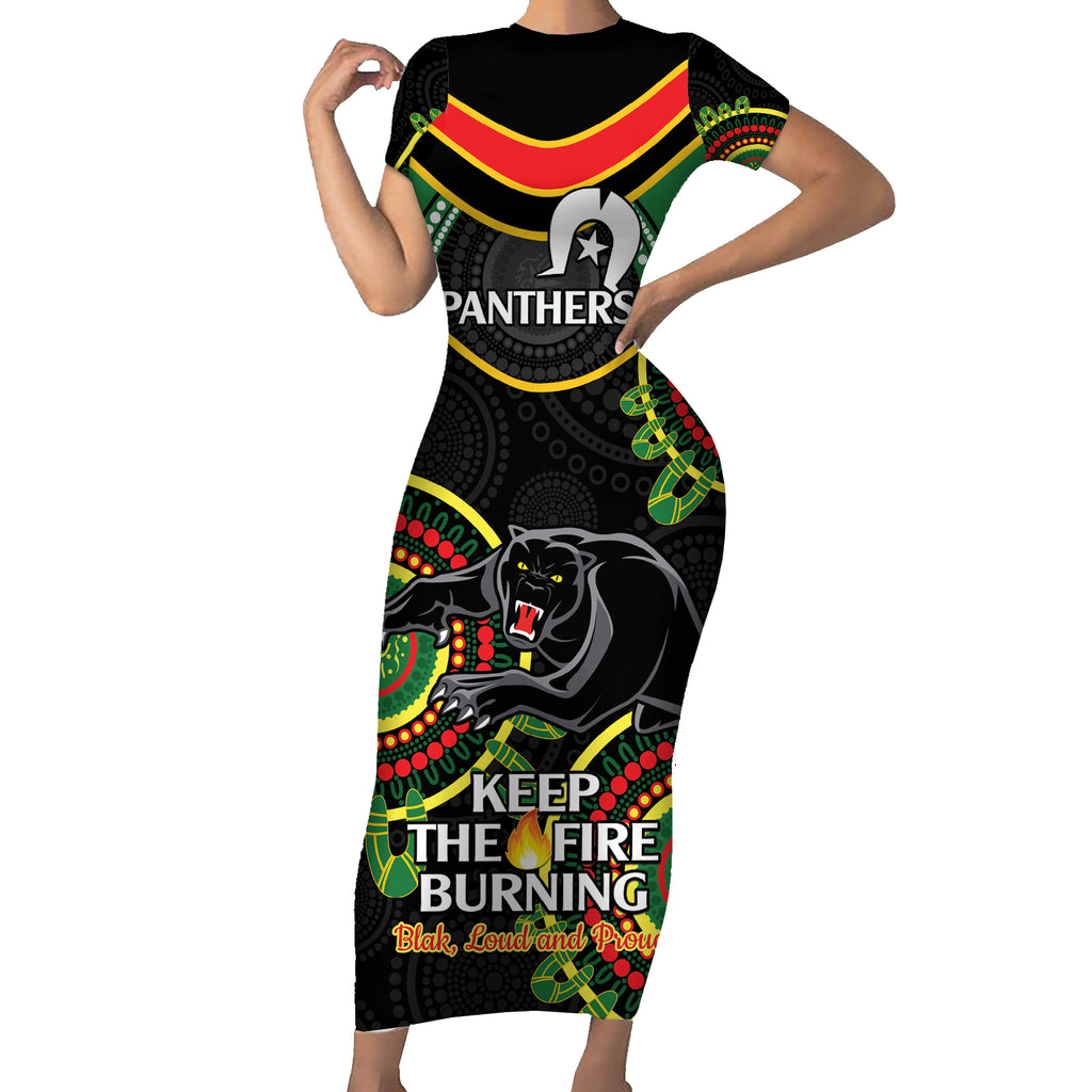 Custom NRL Panthers NAIDOC Week Short Sleeve Bodycon Dress Keep The Fire Burning Indigenous Art