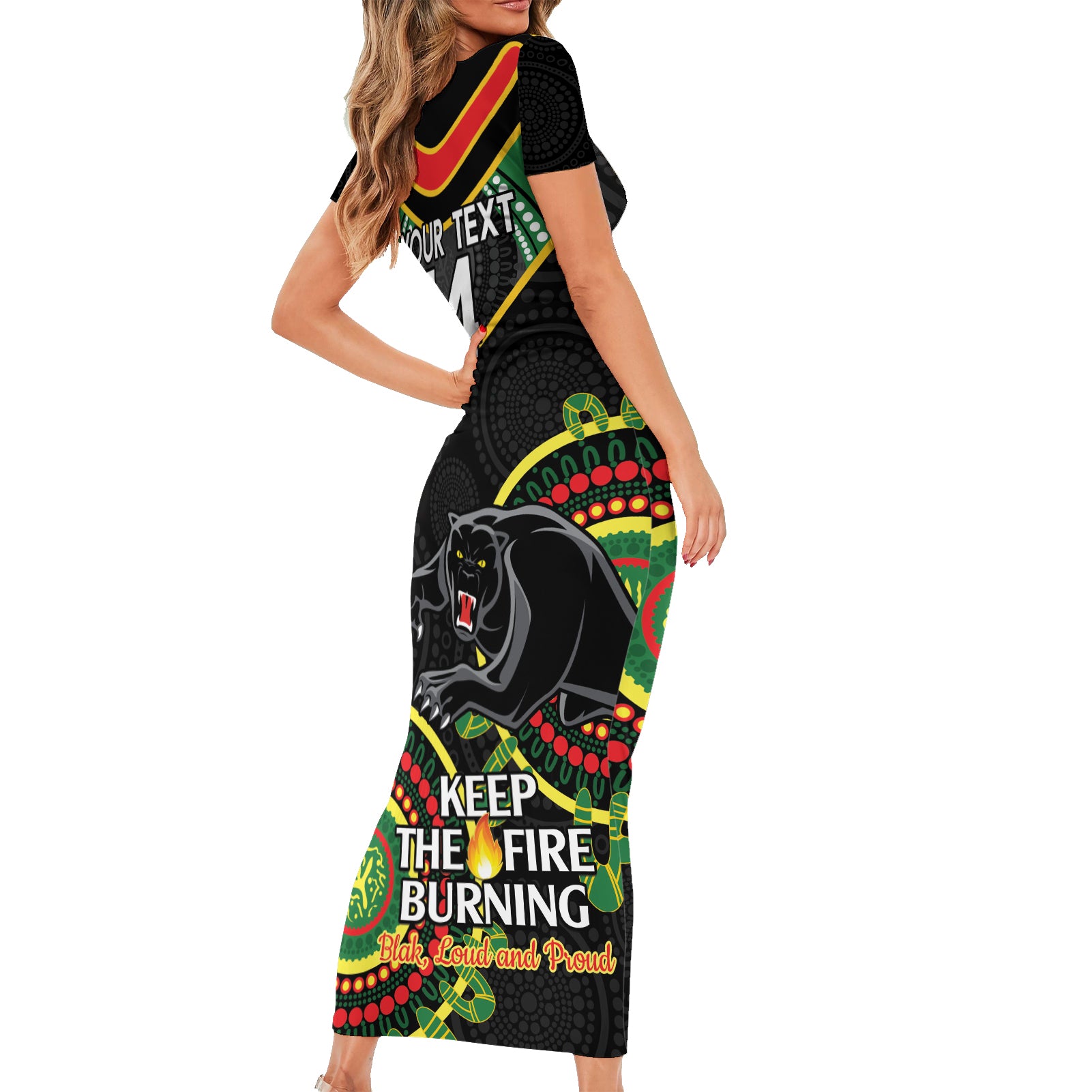 Custom NRL Panthers NAIDOC Week Short Sleeve Bodycon Dress Keep The Fire Burning Indigenous Art