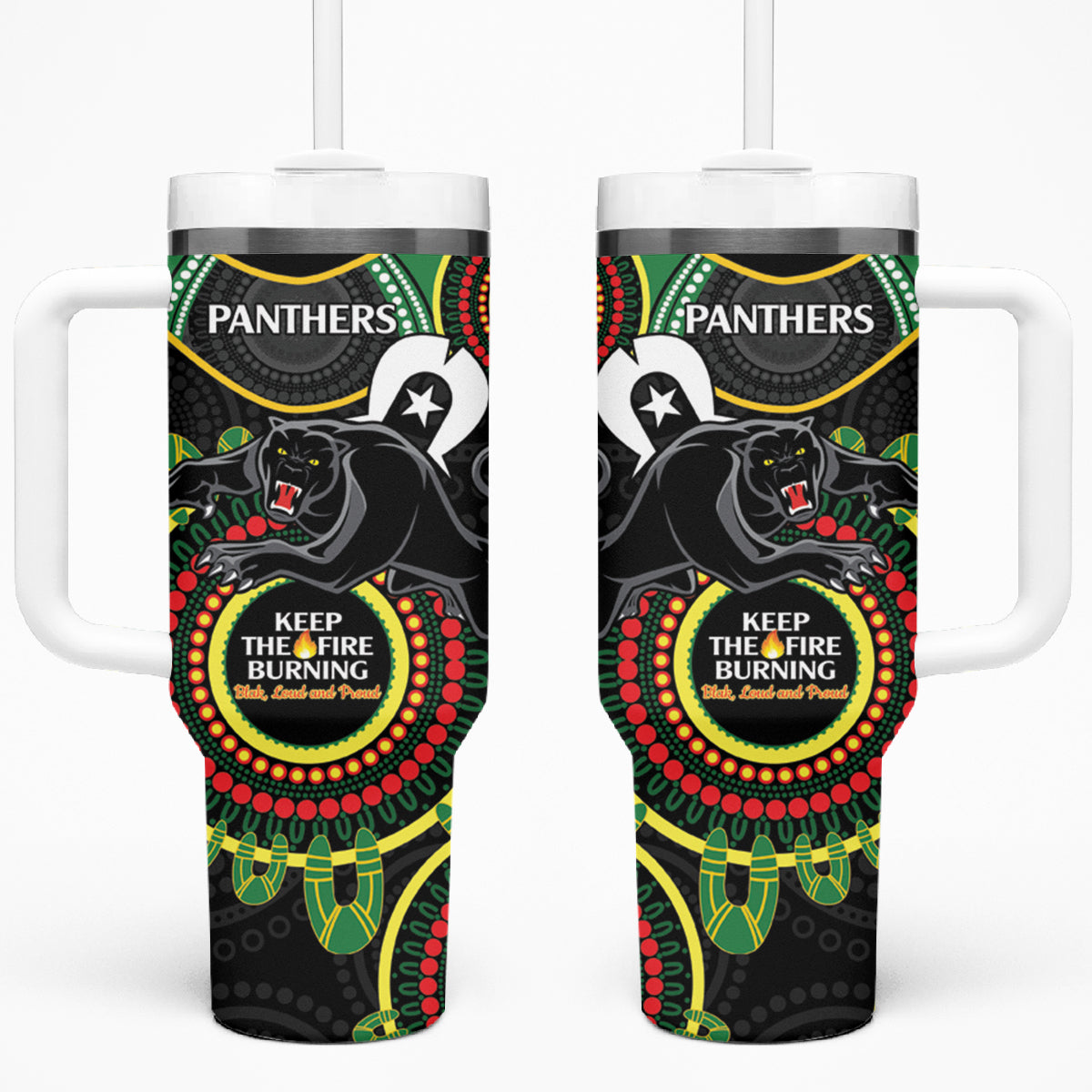 NRL Panthers NAIDOC Week Tumbler With Handle Keep The Fire Burning Indigenous Art