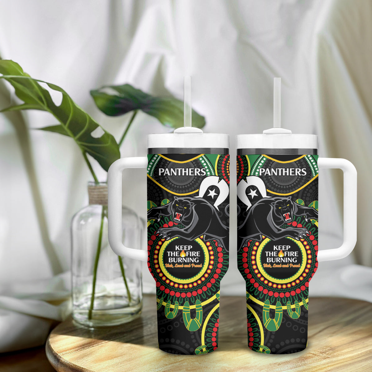 NRL Panthers NAIDOC Week Tumbler With Handle Keep The Fire Burning Indigenous Art