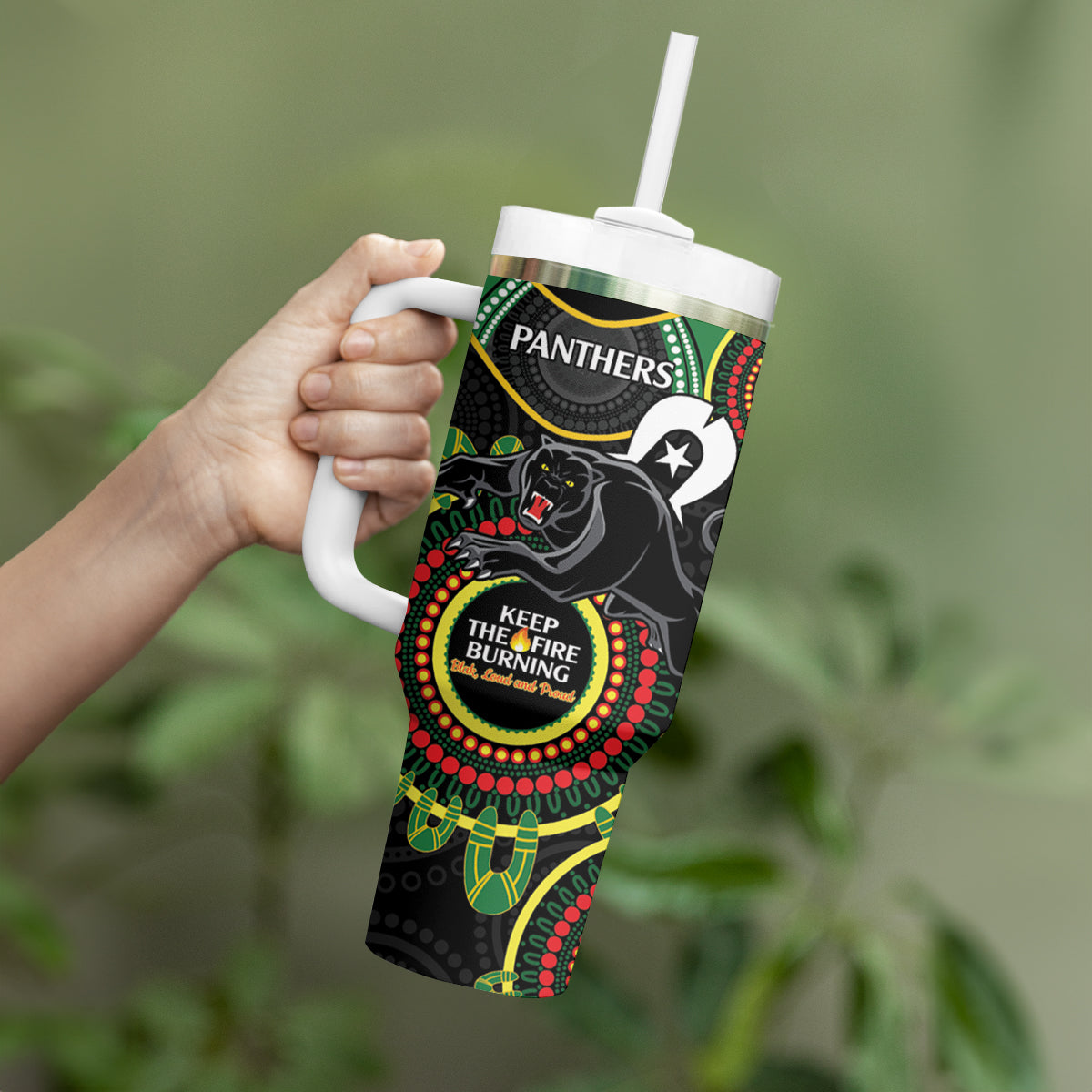 NRL Panthers NAIDOC Week Tumbler With Handle Keep The Fire Burning Indigenous Art