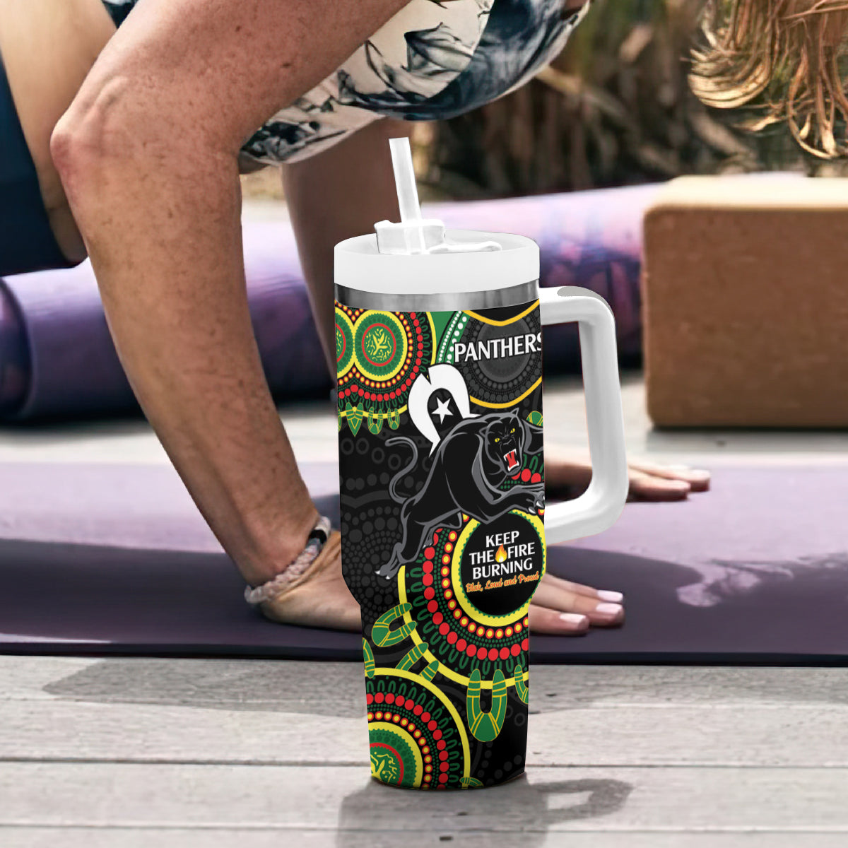 NRL Panthers NAIDOC Week Tumbler With Handle Keep The Fire Burning Indigenous Art