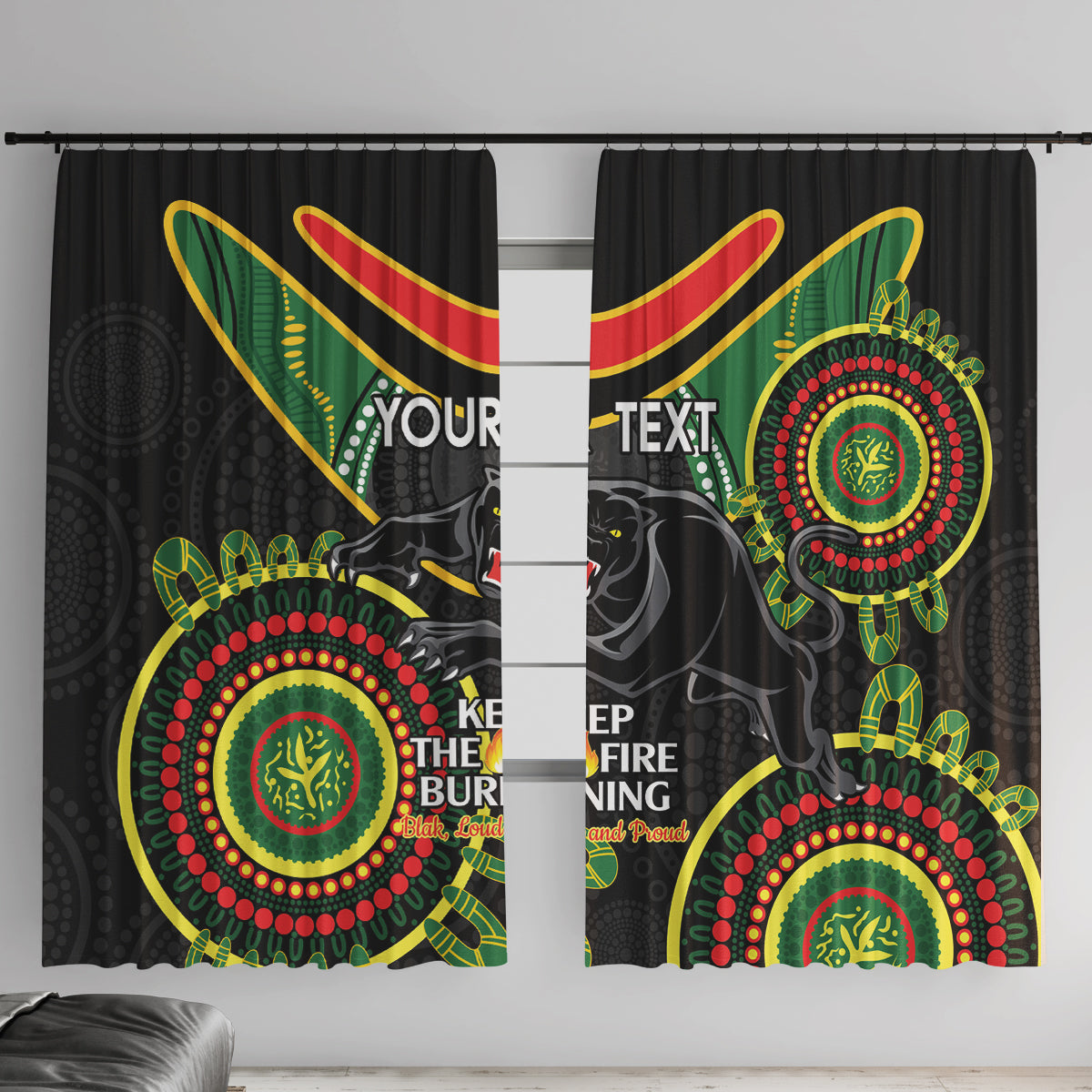 Custom NRL Panthers NAIDOC Week Window Curtain Keep The Fire Burning Indigenous Art