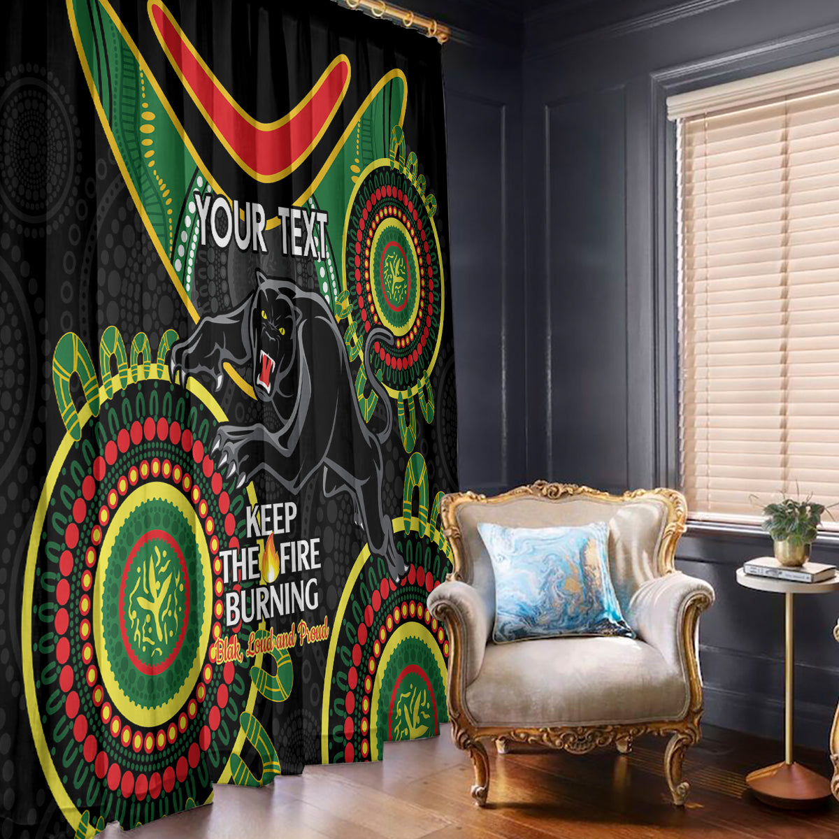 Custom NRL Panthers NAIDOC Week Window Curtain Keep The Fire Burning Indigenous Art