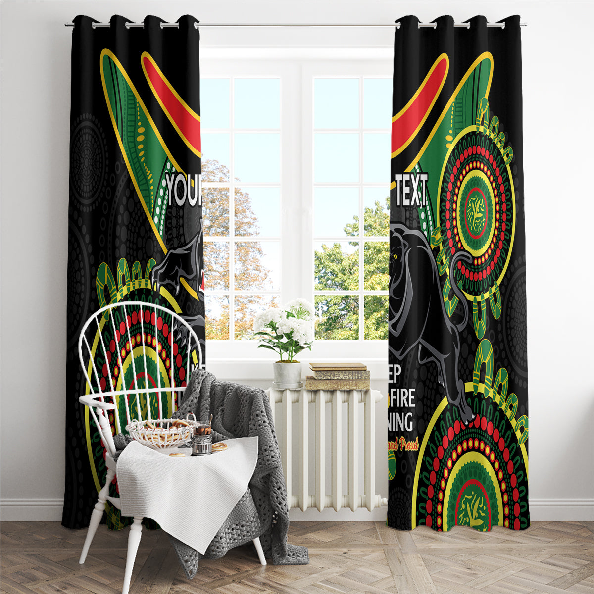 Custom NRL Panthers NAIDOC Week Window Curtain Keep The Fire Burning Indigenous Art
