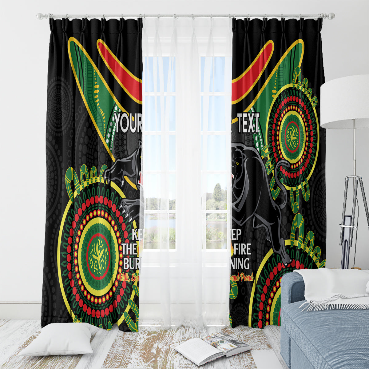 Custom NRL Panthers NAIDOC Week Window Curtain Keep The Fire Burning Indigenous Art