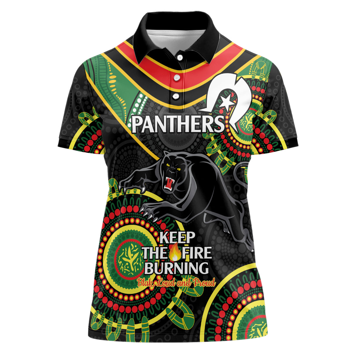 Custom NRL Panthers NAIDOC Week Women Polo Shirt Keep The Fire Burning Indigenous Art