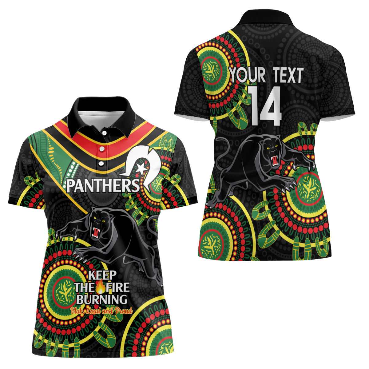 Custom NRL Panthers NAIDOC Week Women Polo Shirt Keep The Fire Burning Indigenous Art