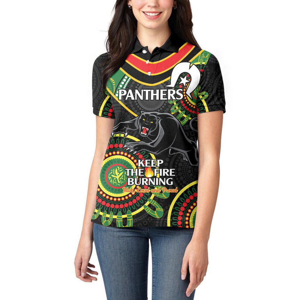 Custom NRL Panthers NAIDOC Week Women Polo Shirt Keep The Fire Burning Indigenous Art