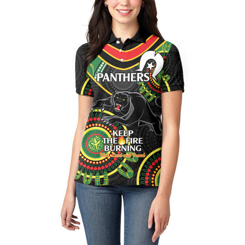 Custom NRL Panthers NAIDOC Week Women Polo Shirt Keep The Fire Burning Indigenous Art