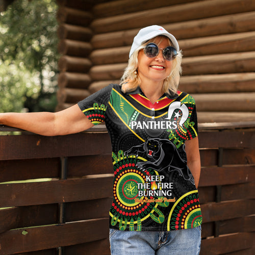 Custom NRL Panthers NAIDOC Week Women Polo Shirt Keep The Fire Burning Indigenous Art