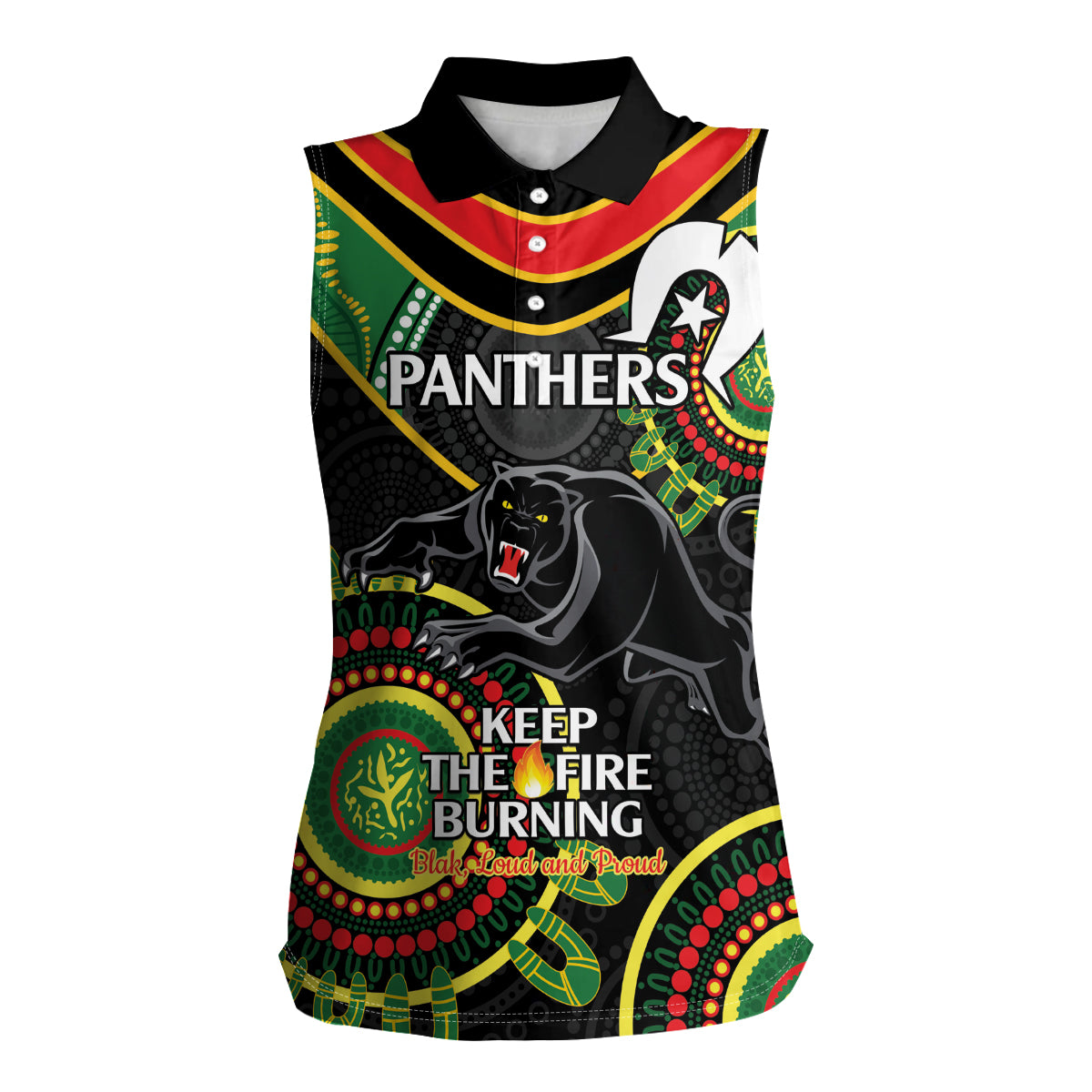 Custom NRL Panthers NAIDOC Week Women Sleeveless Polo Shirt Keep The Fire Burning Indigenous Art