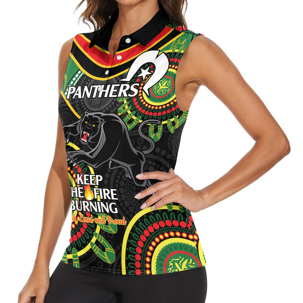 Custom NRL Panthers NAIDOC Week Women Sleeveless Polo Shirt Keep The Fire Burning Indigenous Art