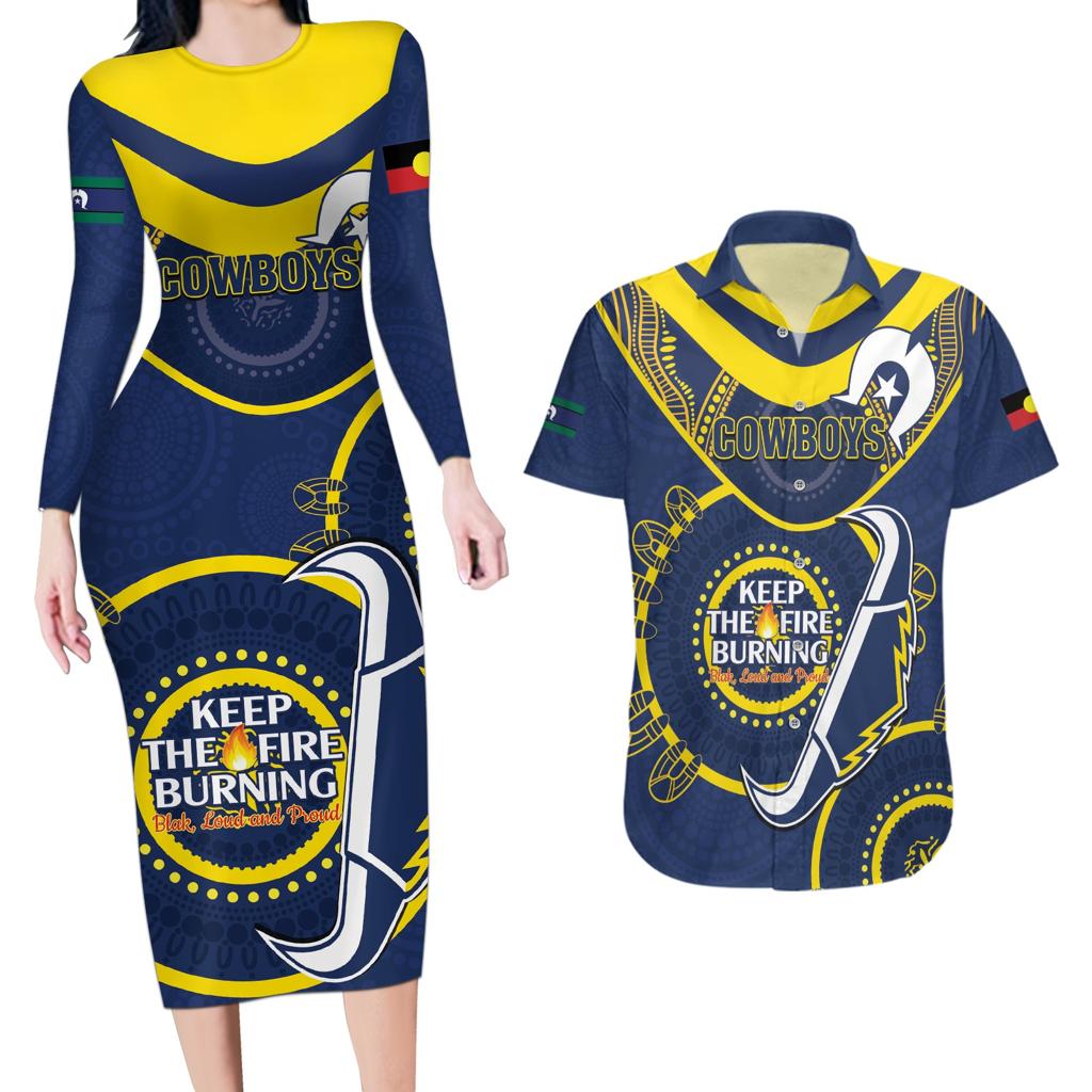 Custom NRL Cowboys NAIDOC Week Couples Matching Long Sleeve Bodycon Dress and Hawaiian Shirt Keep The Fire Burning Indigenous Art