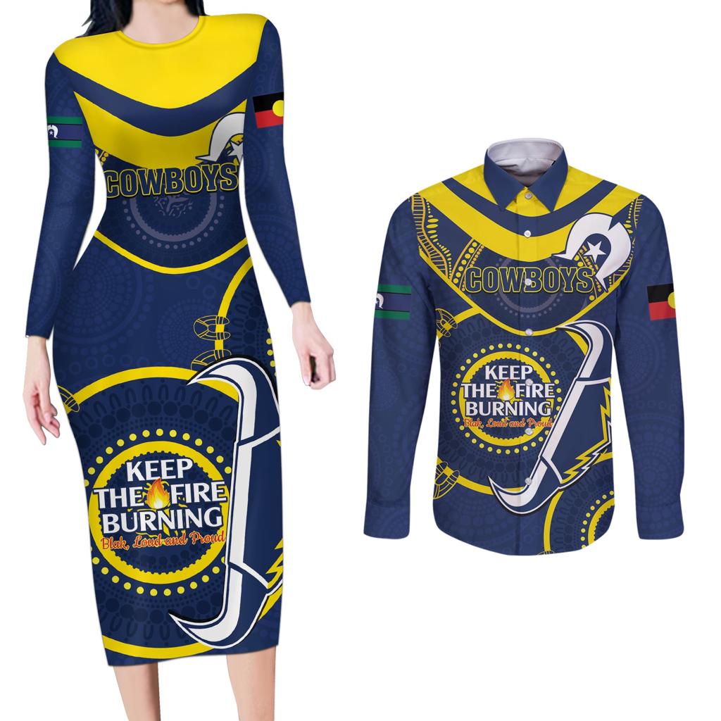 Custom NRL Cowboys NAIDOC Week Couples Matching Long Sleeve Bodycon Dress and Long Sleeve Button Shirt Keep The Fire Burning Indigenous Art
