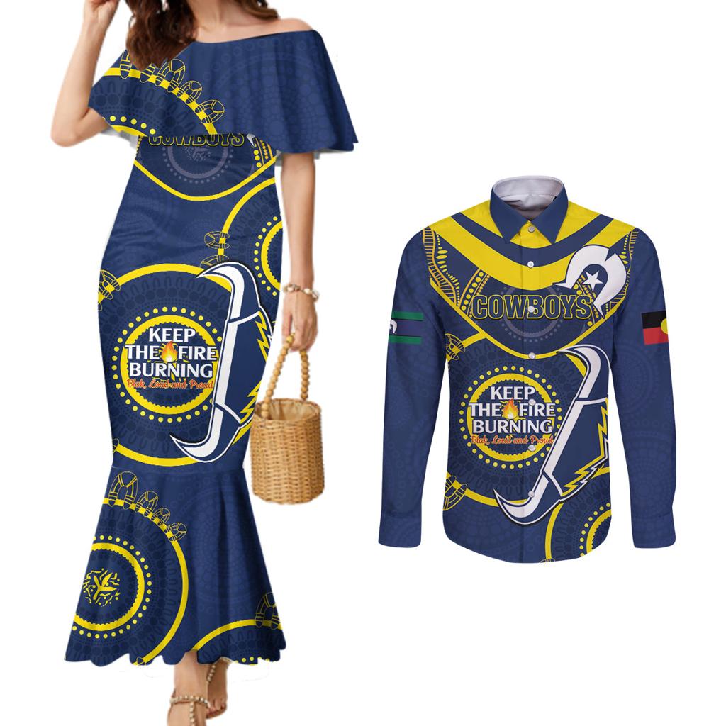 Custom NRL Cowboys NAIDOC Week Couples Matching Mermaid Dress and Long Sleeve Button Shirt Keep The Fire Burning Indigenous Art