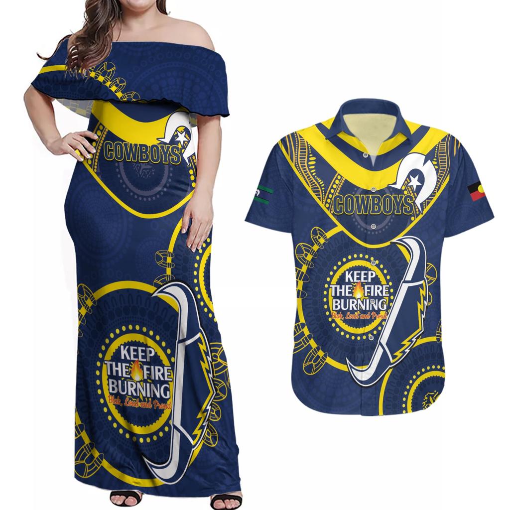 Custom NRL Cowboys NAIDOC Week Couples Matching Off Shoulder Maxi Dress and Hawaiian Shirt Keep The Fire Burning Indigenous Art
