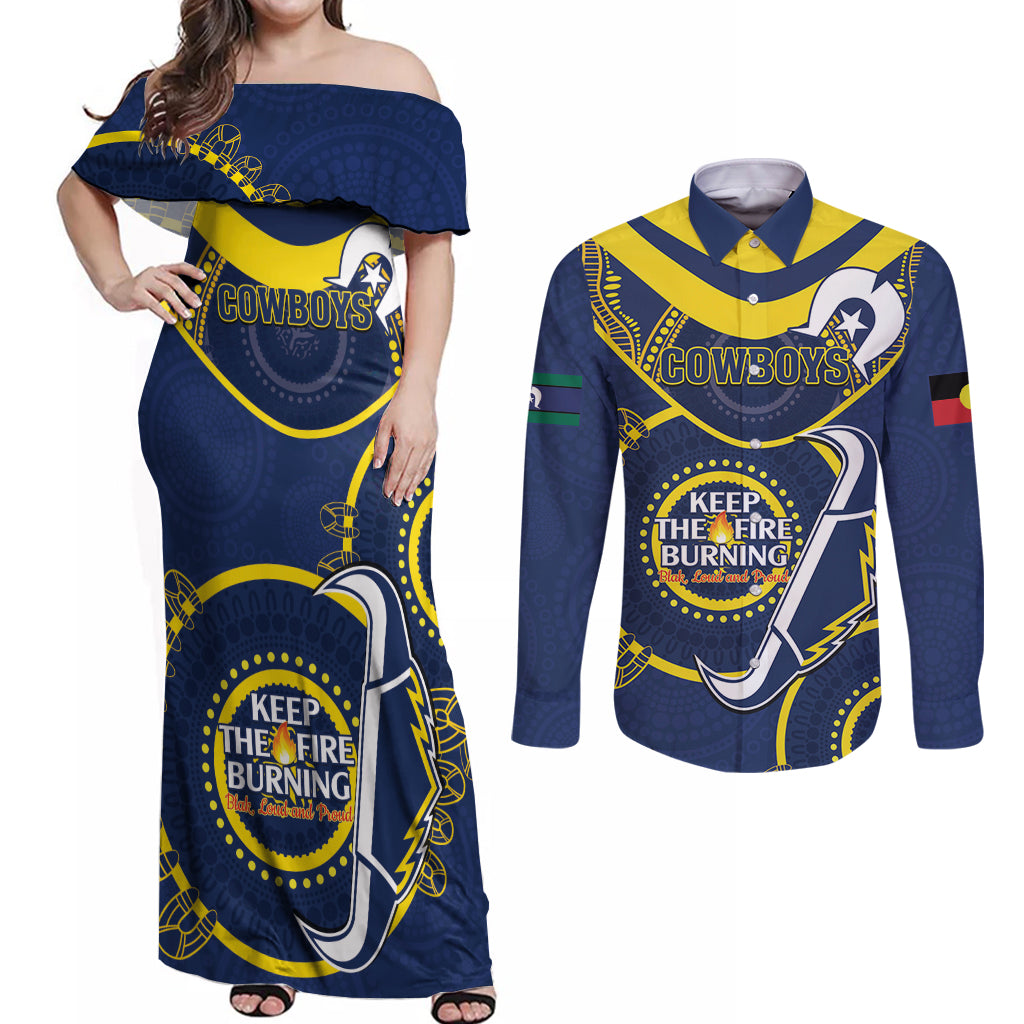 Custom NRL Cowboys NAIDOC Week Couples Matching Off Shoulder Maxi Dress and Long Sleeve Button Shirt Keep The Fire Burning Indigenous Art