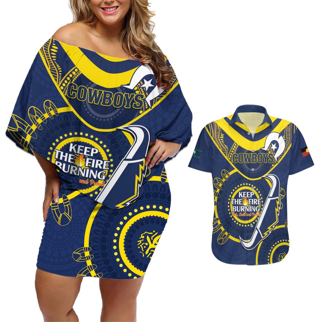 Custom NRL Cowboys NAIDOC Week Couples Matching Off Shoulder Short Dress and Hawaiian Shirt Keep The Fire Burning Indigenous Art