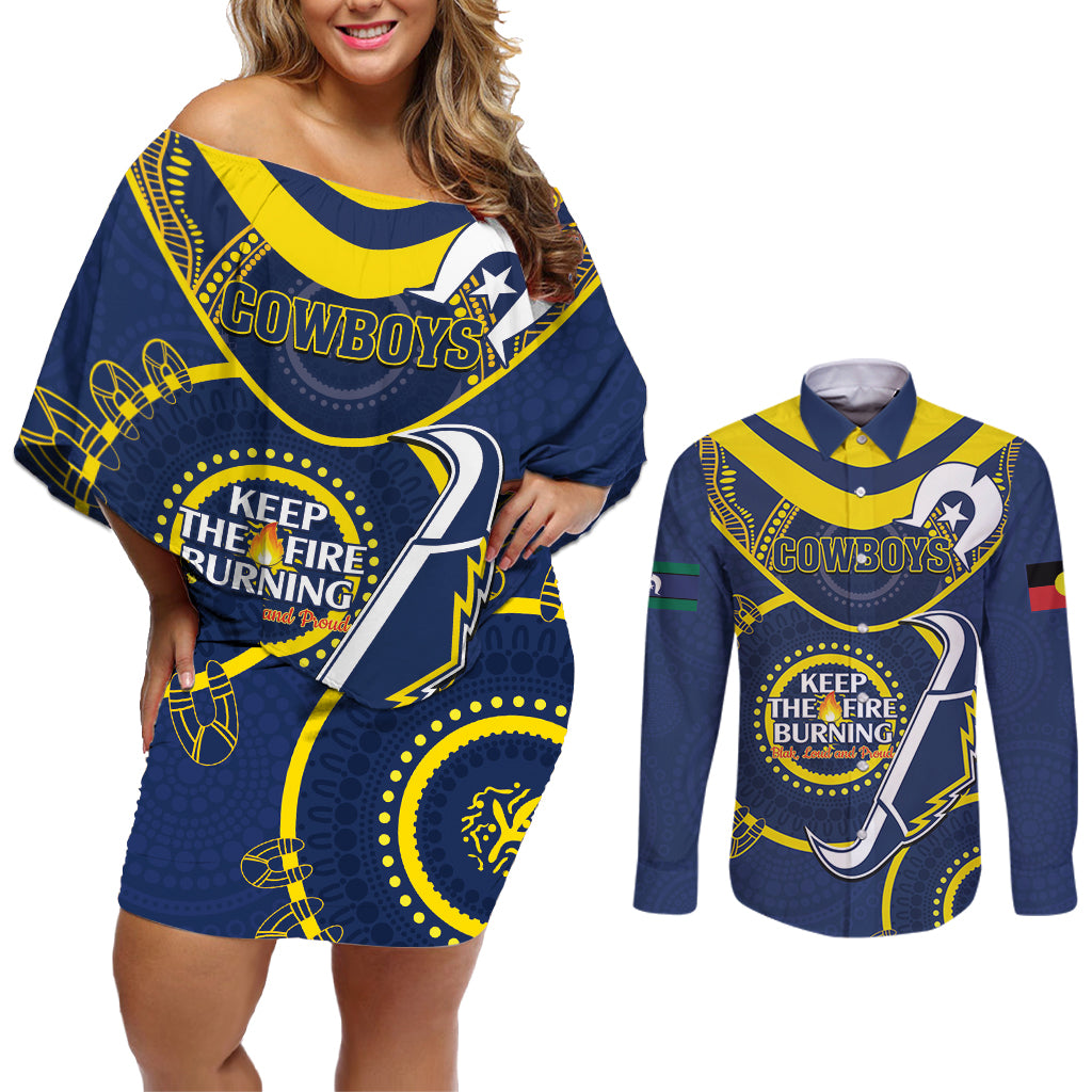 Custom NRL Cowboys NAIDOC Week Couples Matching Off Shoulder Short Dress and Long Sleeve Button Shirt Keep The Fire Burning Indigenous Art