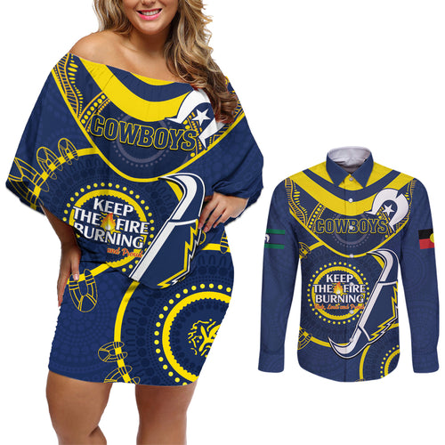 Custom NRL Cowboys NAIDOC Week Couples Matching Off Shoulder Short Dress and Long Sleeve Button Shirt Keep The Fire Burning Indigenous Art