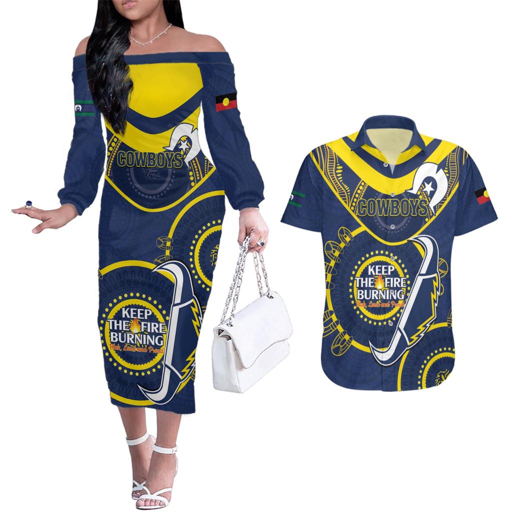Custom NRL Cowboys NAIDOC Week Couples Matching Off The Shoulder Long Sleeve Dress and Hawaiian Shirt Keep The Fire Burning Indigenous Art