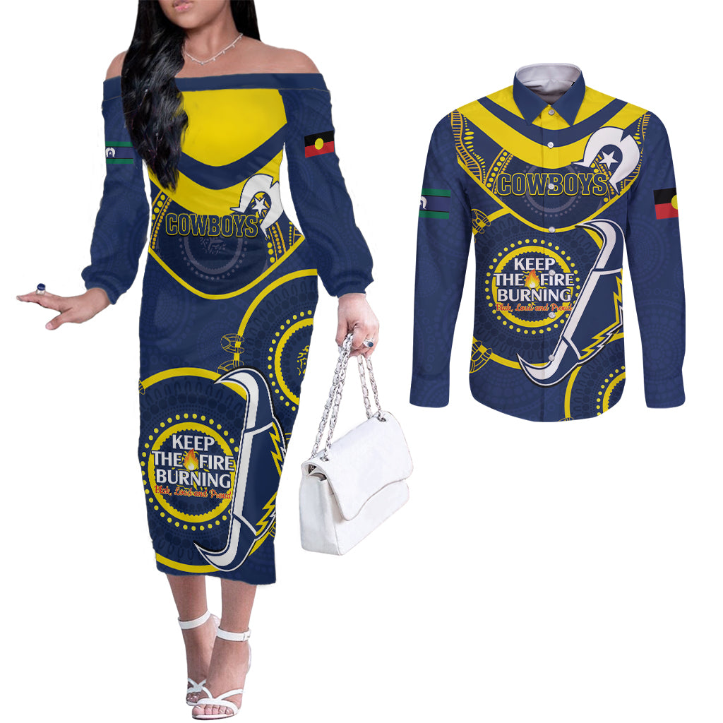Custom NRL Cowboys NAIDOC Week Couples Matching Off The Shoulder Long Sleeve Dress and Long Sleeve Button Shirt Keep The Fire Burning Indigenous Art
