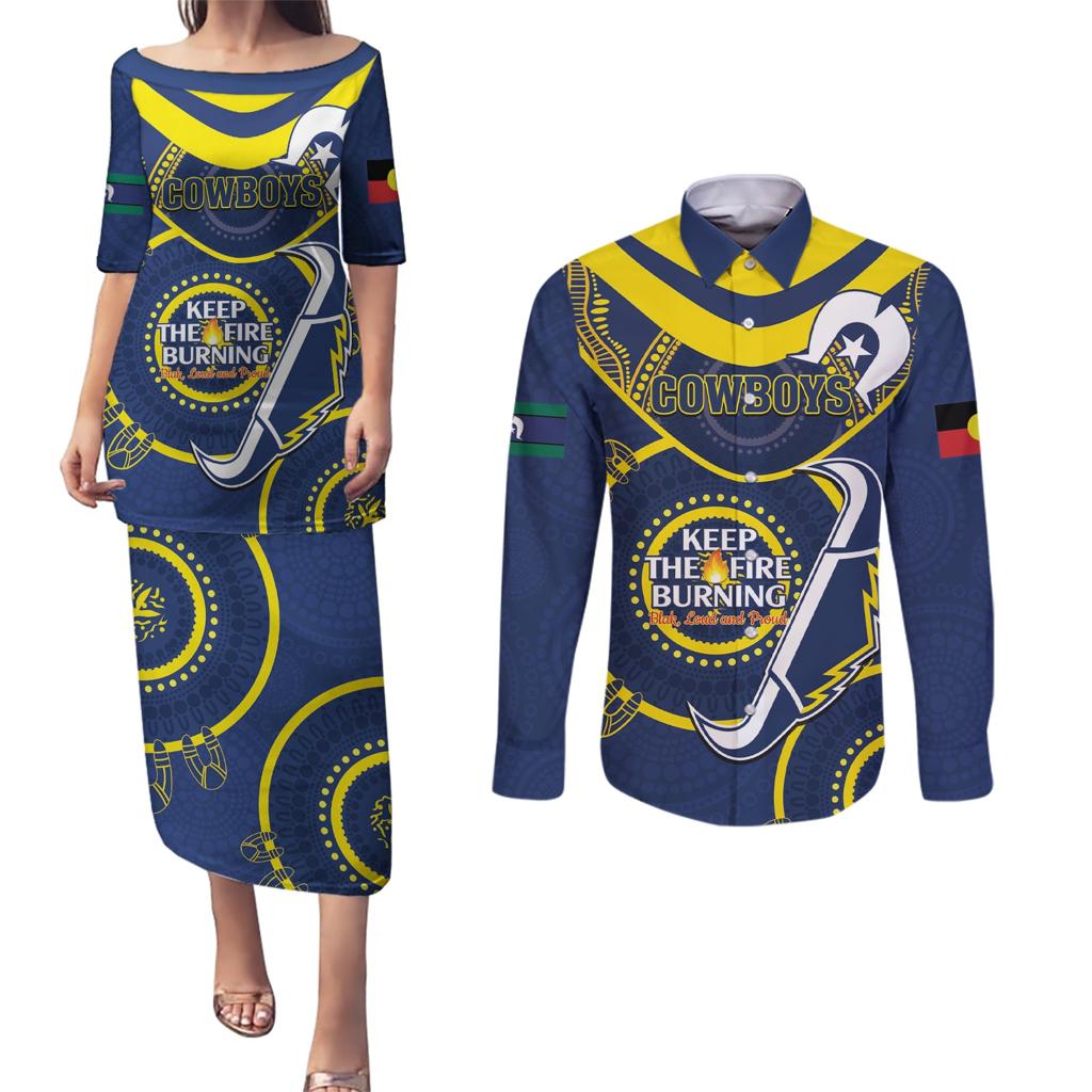Custom NRL Cowboys NAIDOC Week Couples Matching Puletasi and Long Sleeve Button Shirt Keep The Fire Burning Indigenous Art