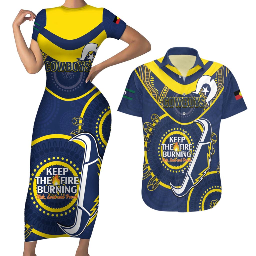 Custom NRL Cowboys NAIDOC Week Couples Matching Short Sleeve Bodycon Dress and Hawaiian Shirt Keep The Fire Burning Indigenous Art