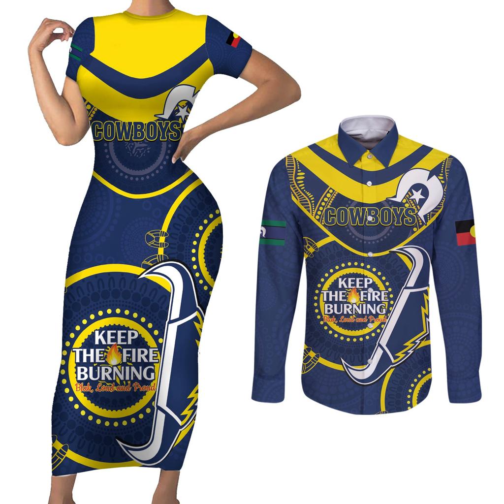 Custom NRL Cowboys NAIDOC Week Couples Matching Short Sleeve Bodycon Dress and Long Sleeve Button Shirt Keep The Fire Burning Indigenous Art