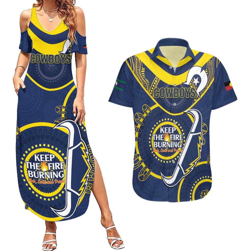 Custom NRL Cowboys NAIDOC Week Couples Matching Summer Maxi Dress and Hawaiian Shirt Keep The Fire Burning Indigenous Art