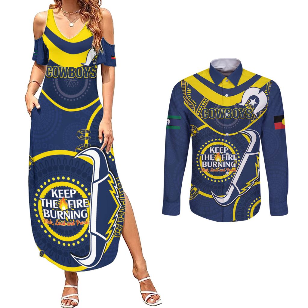Custom NRL Cowboys NAIDOC Week Couples Matching Summer Maxi Dress and Long Sleeve Button Shirt Keep The Fire Burning Indigenous Art