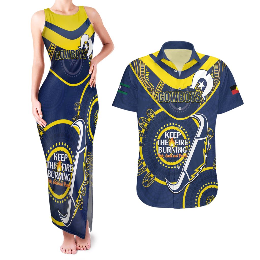 Custom NRL Cowboys NAIDOC Week Couples Matching Tank Maxi Dress and Hawaiian Shirt Keep The Fire Burning Indigenous Art
