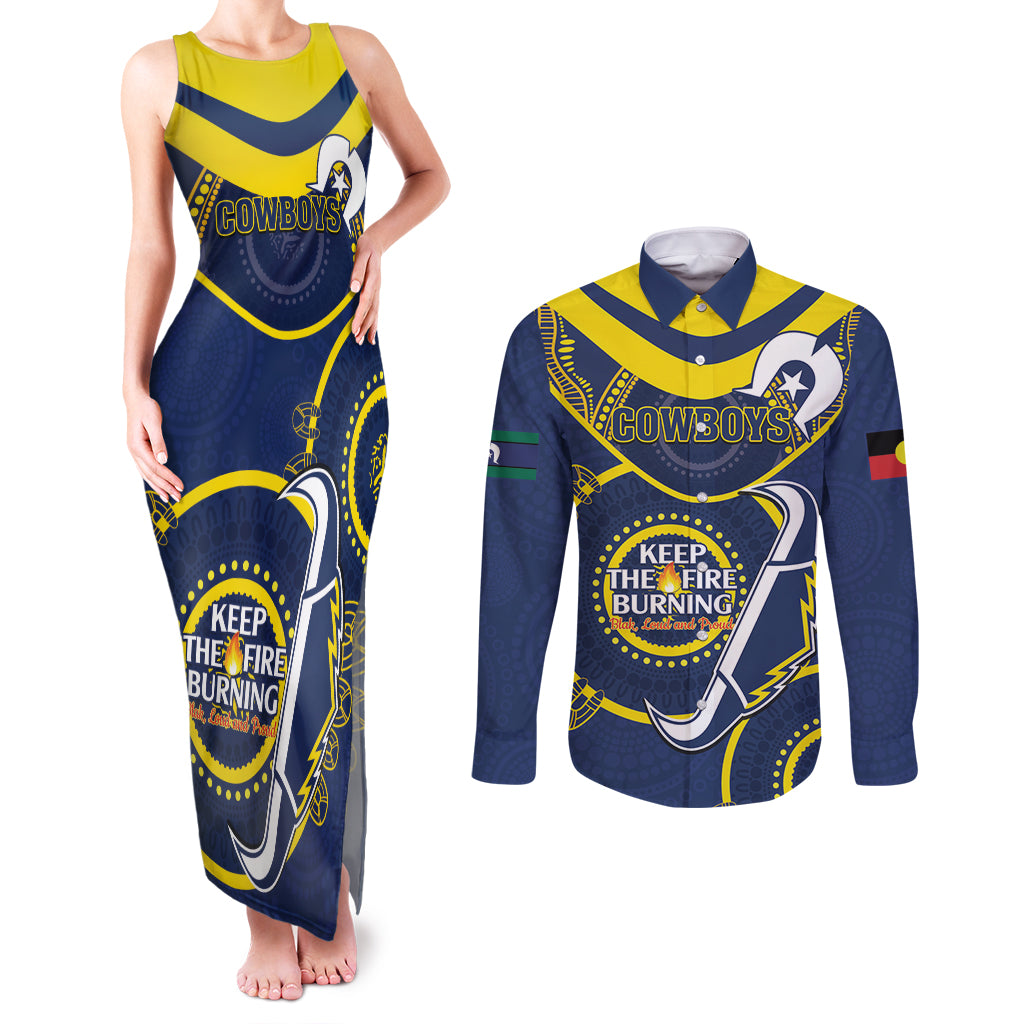 Custom NRL Cowboys NAIDOC Week Couples Matching Tank Maxi Dress and Long Sleeve Button Shirt Keep The Fire Burning Indigenous Art