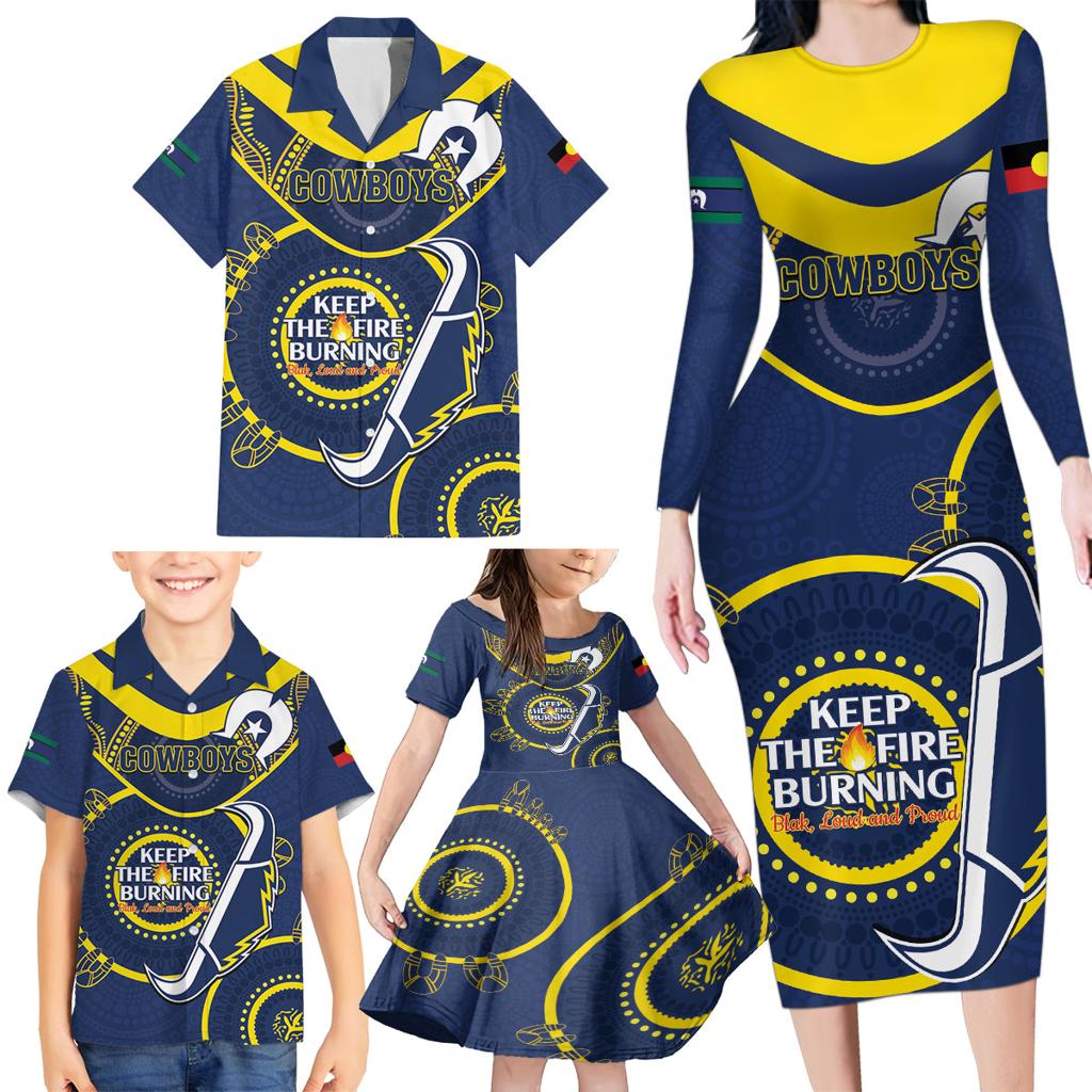 Custom NRL Cowboys NAIDOC Week Family Matching Long Sleeve Bodycon Dress and Hawaiian Shirt Keep The Fire Burning Indigenous Art