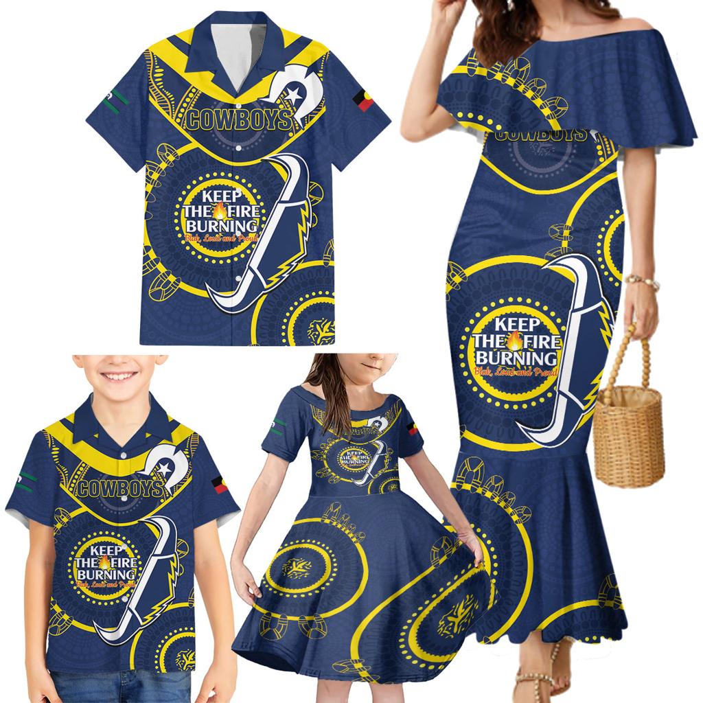 Custom NRL Cowboys NAIDOC Week Family Matching Mermaid Dress and Hawaiian Shirt Keep The Fire Burning Indigenous Art