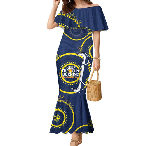 Custom NRL Cowboys NAIDOC Week Family Matching Mermaid Dress and Hawaiian Shirt Keep The Fire Burning Indigenous Art