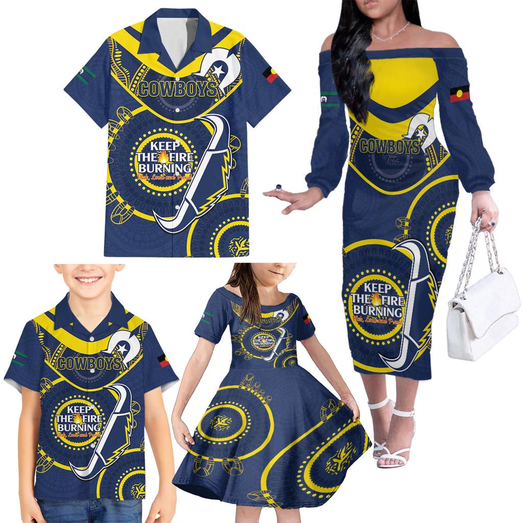 Custom NRL Cowboys NAIDOC Week Family Matching Off The Shoulder Long Sleeve Dress and Hawaiian Shirt Keep The Fire Burning Indigenous Art