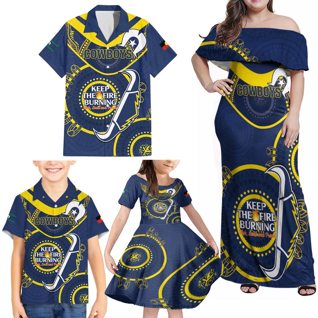 Custom NRL Cowboys NAIDOC Week Family Matching Off Shoulder Maxi Dress and Hawaiian Shirt Keep The Fire Burning Indigenous Art