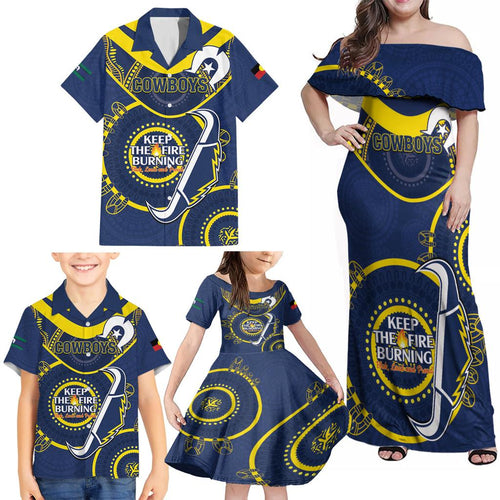 Custom NRL Cowboys NAIDOC Week Family Matching Off Shoulder Maxi Dress and Hawaiian Shirt Keep The Fire Burning Indigenous Art