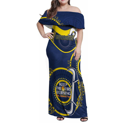 Custom NRL Cowboys NAIDOC Week Family Matching Off Shoulder Maxi Dress and Hawaiian Shirt Keep The Fire Burning Indigenous Art